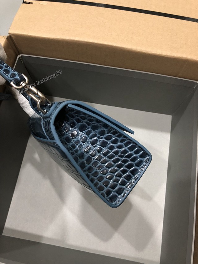 Balenciaga專櫃爆款小號手提女包 巴黎世家鱷魚灰藍色銀扣Hourglass沙漏包 fyj1643